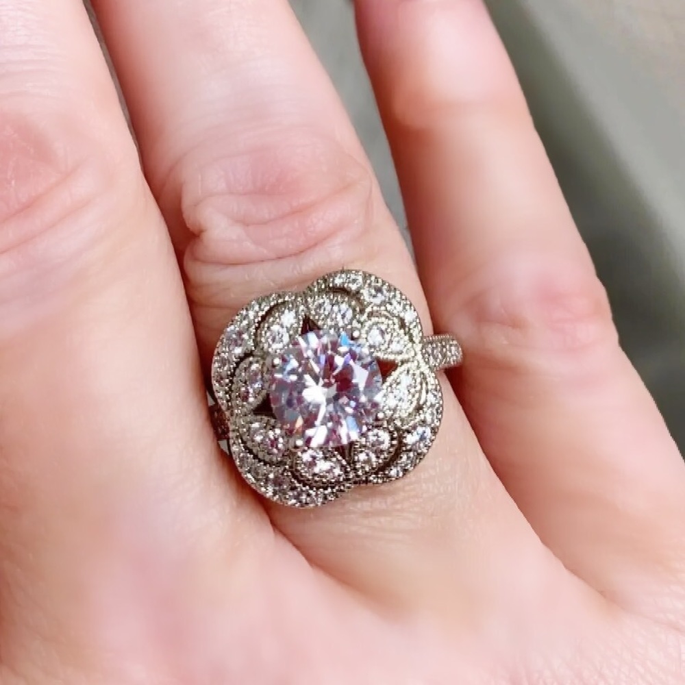 Sterling Silver Vintage Style 1.62ct Round Zircon Diamond Center Ring